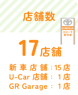 店舗数　17店舗　（新車店舗：15店、U-Car店舗：1店、GR Garage：1店）