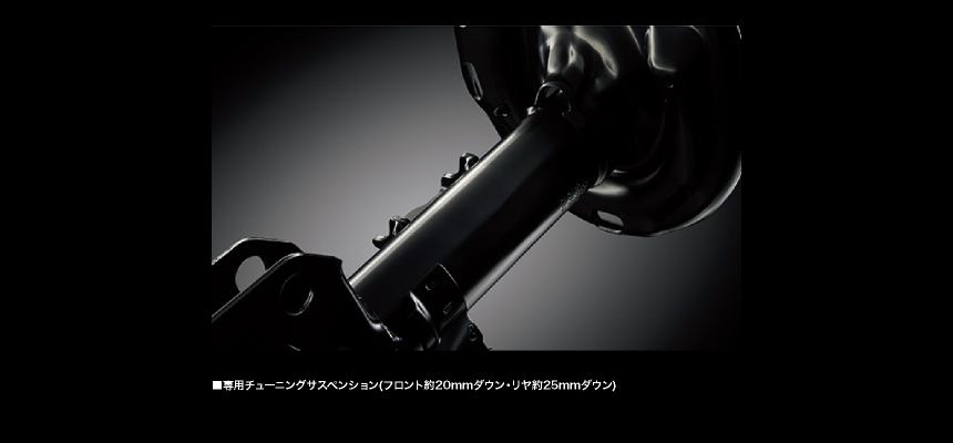 専用チューニングサスペンション（フロント約20mmダウン・リヤ約25mmダウン）