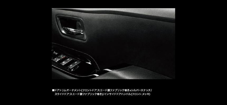 ドアトリムオーナメント（フロントドア：スエード調ファブリック巻き＋シルバーステッチ/スライドドア：スエード調ファブリック巻き）/インサイドドアハンドル（フロント：メッキ）